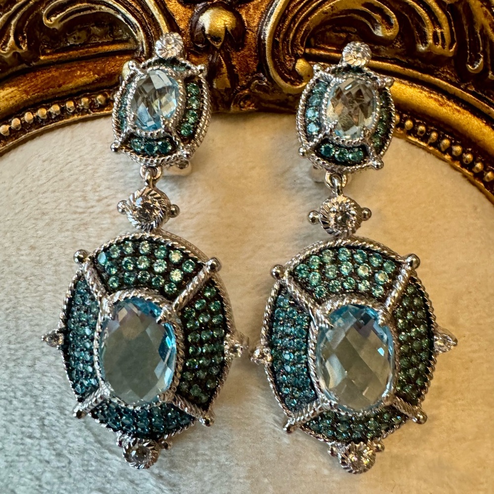 Judith Ripka Stunning Silver and Blue Topaz Dangle Earrings